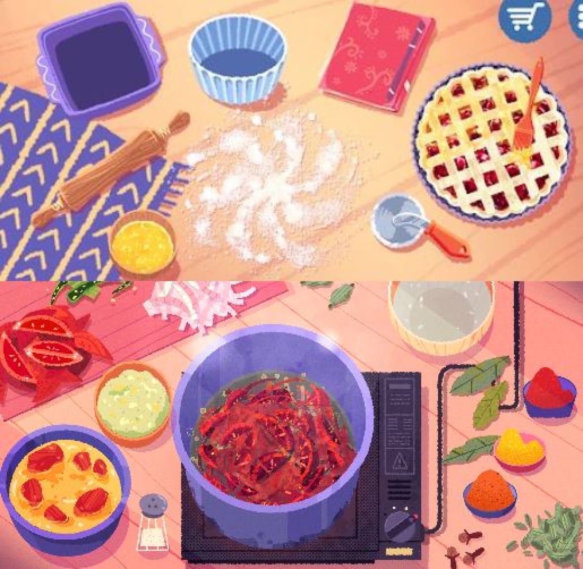 games-side-by-side Two photos collaged together show screencaps of two games - one in which the player is baking a pie, another in which they are preparing south asian food.
