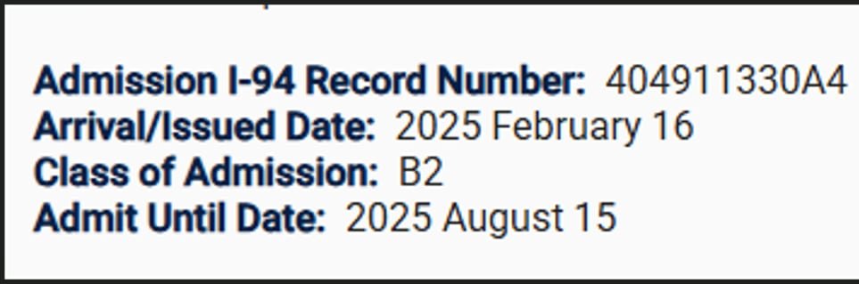 An example of a record of an I-94 form.